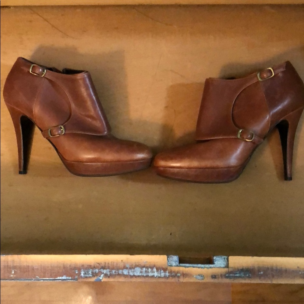 Brown leather j crew heel bootie